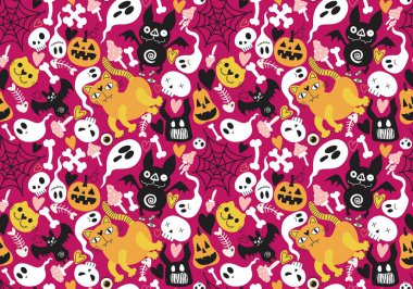 Cadılar Bayramı kedisi ve balkabağı derisi dikişsiz hayaletler ve kafatasları ve kağıt ve kumaşlar için zehir deseni ve çocuk giysileri baskısı ve sonbahar ambalajı ve moda tekstili. Yüksek kaliteli illüstrasyon