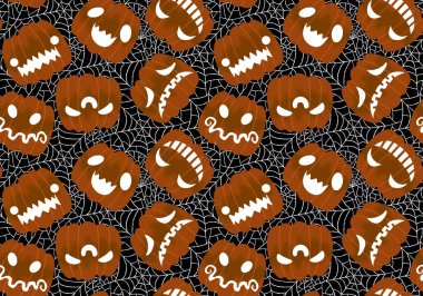 Çizgi film retro sebze hasadı dikişsiz Cadılar Bayramı balkabağı deseni kağıt, kumaş, çarşaf, çocuk baskısı, şenlikli ambalaj ve sonbahar aksesuarları. Yüksek kaliteli illüstrasyon