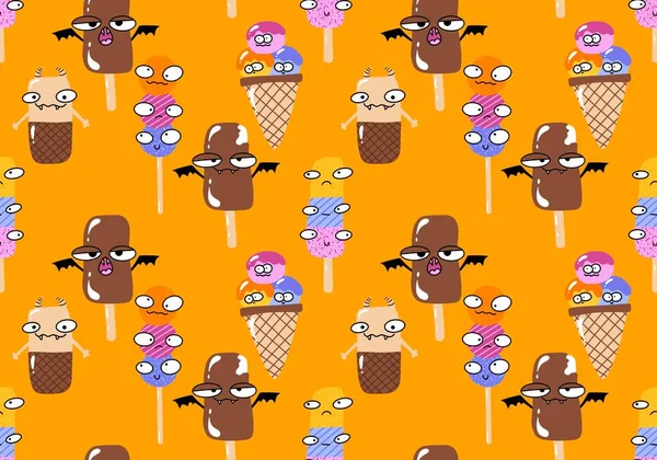 Cartoon ice cream seamless Halloween monsters pattern for wrapping paper and fabrics and linens and kids clothes print and autumn packaging and festive accessories. High quality illustration