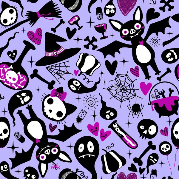 Хэллоуинские мультяшные каракули бесшовные летучая мышь и кошка и призрак и черепа узор для упаковки бумаги и тканей и постельного белья и праздничной упаковки и детские аксессуары и текстиль. Высокое качество иллюстрации