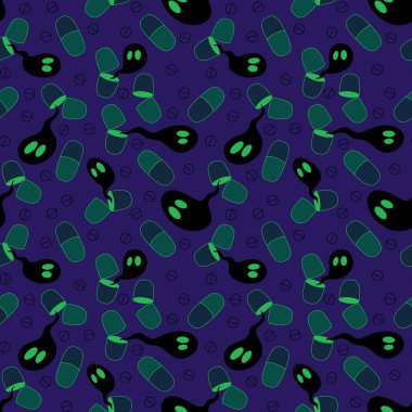 Cadılar Bayramı ilaçları, kusursuz haplar, hayalet ve kafatası desenleri. Kağıt, kumaş, çarşaf, sonbahar ambalajları ve doktorlar için tekstil. Yüksek kaliteli illüstrasyon