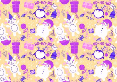 Noel ağacı kardan adam ve kar taneleri desenli ambalaj kağıdı, kumaş, çarşaf ve yeni yıl ambalajı ve şenlik aksesuarları. Yüksek kaliteli illüstrasyon