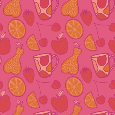Kağıt, kumaş, çarşaf, yaz ambalajı ve restoranlar için meyveli kokteyl malzemeleri dikişsiz kiraz, armut, limon ve çilek deseni. Yüksek kaliteli illüstrasyon