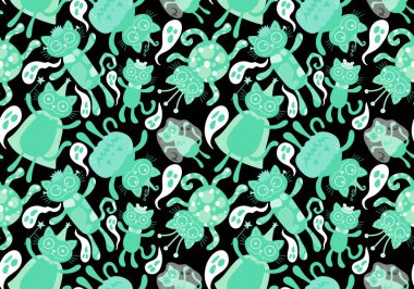 Cadılar Bayramı kedisi ve balkabağı derisi dikişsiz hayaletler ve kafatasları ve kağıt ve kumaşlar için zehir deseni ve çocuk giysileri baskısı ve sonbahar ambalajı ve moda tekstili. Yüksek kaliteli illüstrasyon