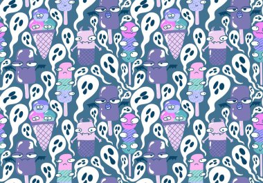 Çizgi filmlerdeki gibi kusursuz bir cadılar bayramı canavarı deseni. Kağıt, kumaş, çarşaf, çocuk giysisi baskısı, sonbahar ambalajı ve şenlikli aksesuarlar için. Yüksek kaliteli illüstrasyon