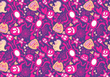 Cadılar Bayramı kedileri, balkabakları, hayaletler, ağ, kemikler ve yarasalar şenlikli ambalaj kağıtları, kumaşlar, çocuk baskıları ve sonbahar aksesuarları. Yüksek kaliteli illüstrasyon