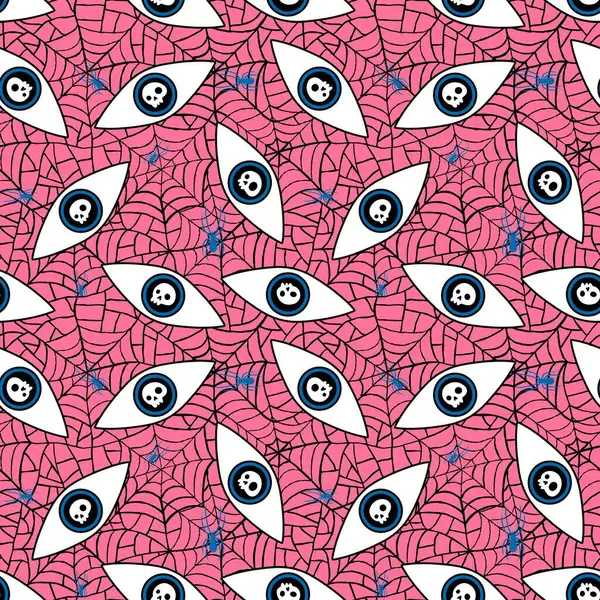 Cartoon magic evil eyes with web seamless Halloween pattern for wrapping paper and fabrics and linens and fashion textiles and festive packaging and autumn accessories. High quality illustration