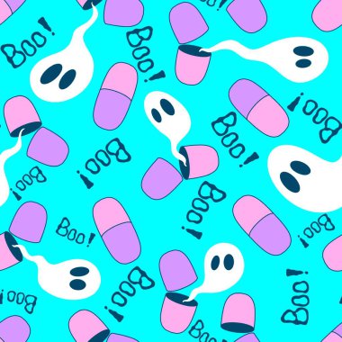 Cadılar Bayramı ilaçları, kusursuz haplar, hayalet ve kafatası desenleri. Kağıt, kumaş, çarşaf, sonbahar ambalajları ve doktorlar için tekstil. Yüksek kaliteli illüstrasyon