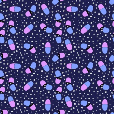 Cadılar Bayramı ilaçları, kusursuz haplar, hayalet ve kafatası desenleri. Kağıt, kumaş, çarşaf, sonbahar ambalajları ve doktorlar için tekstil. Yüksek kaliteli illüstrasyon