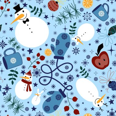 Noel kardan adam, kar taneleri, kâğıt, kumaş, çarşaf, yeni yıl aksesuarları ve kış aksesuarları için bir fincan çay ve elma deseni. Yüksek kaliteli illüstrasyon