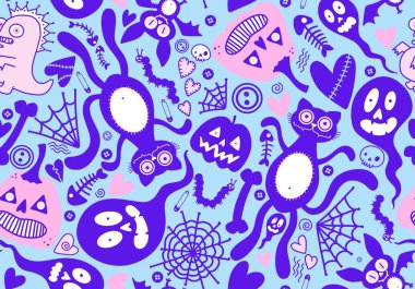 Cadılar Bayramı kedileri, balkabakları, hayaletler, ağ, kemikler ve yarasalar şenlikli ambalaj kağıtları, kumaşlar, çocuk baskıları ve sonbahar aksesuarları. Yüksek kaliteli illüstrasyon