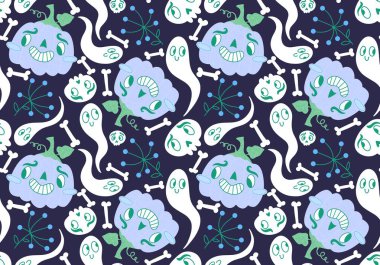 Cadılar Bayramı çizgi filmlerinde balkabakları kusursuz hayaletler ve kafatası desenleri kağıt ve kumaşlar ve çocuk giysileri baskısı ve şenlik ambalajları ve sonbahar aksesuarları. Yüksek kaliteli illüstrasyon