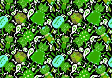 Cadılar Bayramı kedisi ve balkabağı derisi dikişsiz hayaletler ve kafatasları ve kağıt ve kumaşlar için zehir deseni ve çocuk giysileri baskısı ve sonbahar ambalajı ve moda tekstili. Yüksek kaliteli illüstrasyon