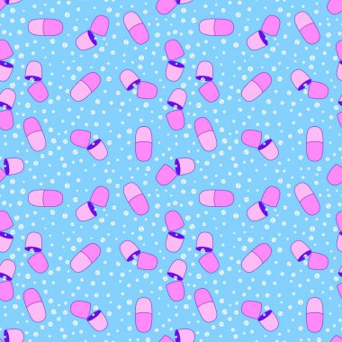 Cadılar Bayramı ilaçları, kusursuz haplar, hayalet ve kafatası desenleri. Kağıt, kumaş, çarşaf, sonbahar ambalajları ve doktorlar için tekstil. Yüksek kaliteli illüstrasyon