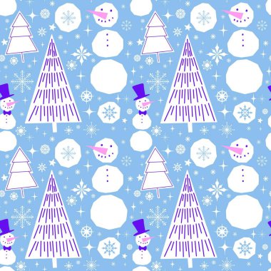 Noel ağacı soyut dikişsiz geometri kar taneleri ve kağıt, kumaş, çarşaf, çocuk baskısı ve yeni yıl paketleme ve kış için kardan adam deseni. Yüksek kaliteli illüstrasyon