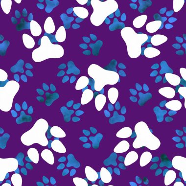 Hayvanların ayak izleri. Kağıt, kumaş, çarşaf, çocuk giysisi baskısı, şenlik ambalajları ve hayvanat bahçesi aksesuarları için kusursuz kedi ve köpek desenleri. Yüksek kaliteli illüstrasyon