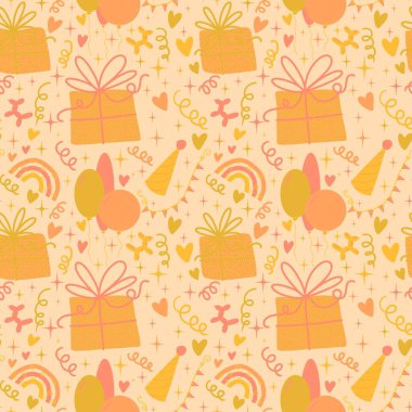 Karikatür retro kusursuz doğum günü şablonu kağıt, çarşaf, kumaş, çocuk giysisi baskısı, şenlikli ambalaj ve aksesuarlar için. Yüksek kaliteli illüstrasyon