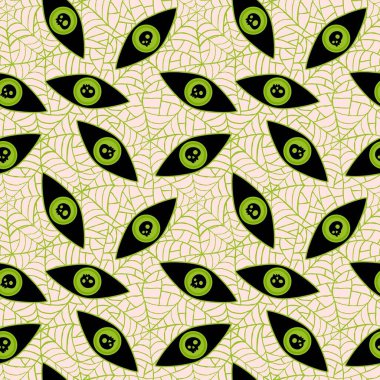 Çizgi filmlerdeki sihirli şeytani gözler. Örtü, kumaş, çarşaf, moda tekstil ürünleri, şenlik ambalajları ve sonbahar aksesuarları için kusursuz Cadılar Bayramı desenleri. Yüksek kaliteli illüstrasyon