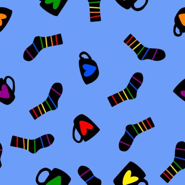 Kışın sıcak çoraplar ve bir fincan çay kağıdını, kumaşları, çarşafları, çocukların giysilerini ve yeni yıl ambalajlarını ve şenlikli aksesuarları sarmak için kusursuz bir Noel şablonu. Yüksek kaliteli illüstrasyon