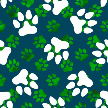 Hayvanların ayak izleri. Kağıt, kumaş, çarşaf, çocuk giysisi baskısı, şenlik ambalajları ve hayvanat bahçesi aksesuarları için kusursuz kedi ve köpek desenleri. Yüksek kaliteli illüstrasyon