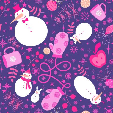 Noel kardan adam, kar taneleri, kâğıt, kumaş, çarşaf, yeni yıl aksesuarları ve kış aksesuarları için bir fincan çay ve elma deseni. Yüksek kaliteli illüstrasyon