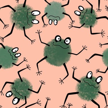 Çizgi filmlerdeki kusursuz kurbağa desenleri ambalaj kağıtları, kumaşlar, çocuk giysileri, tekstil ürünleri, yaz aksesuarları ve şenlikli ambalajlar için. Yüksek kaliteli illüstrasyon