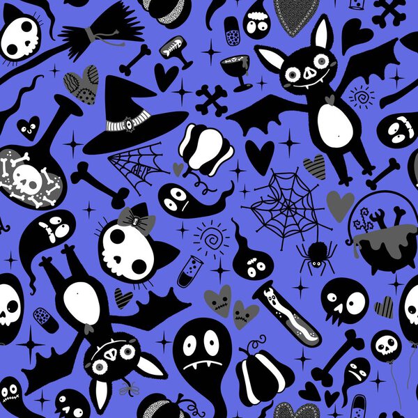 Хэллоуинские мультяшные каракули бесшовные летучая мышь и кошка и призрак и черепа узор для упаковки бумаги и тканей и постельного белья и праздничной упаковки и детские аксессуары и текстиль. Высокое качество иллюстрации