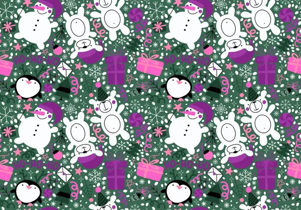 Christmas tree cartoon seamless snowman and snowflakes pattern for wrapping paper and fabrics and linens and new year packaging and festive accessories. High quality illustration