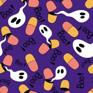 Cadılar Bayramı ilaçları, kusursuz haplar, hayalet ve kafatası desenleri. Kağıt, kumaş, çarşaf, sonbahar ambalajları ve doktorlar için tekstil. Yüksek kaliteli illüstrasyon