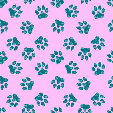 Hayvanların ayak izleri. Kağıt, kumaş, çarşaf, çocuk giysisi baskısı, şenlik ambalajları ve hayvanat bahçesi aksesuarları için kusursuz kedi ve köpek desenleri. Yüksek kaliteli illüstrasyon