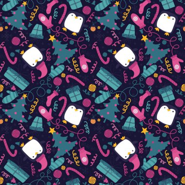 Noel ağacı ve hayvanlar kusursuz penguenler, hediye kutusu, şeker ve Noel Baba şapkası desenli ambalaj kağıtları, kumaşlar, çarşaflar, çocuk baskıları ve yeni yıl aksesuarları. Yüksek kaliteli illüstrasyon