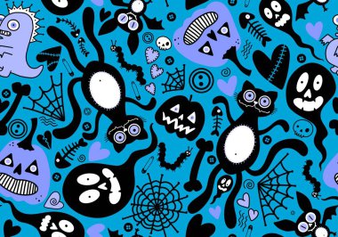 Cadılar Bayramı kedileri, balkabakları, hayaletler, ağ, kemikler ve yarasalar şenlikli ambalaj kağıtları, kumaşlar, çocuk baskıları ve sonbahar aksesuarları. Yüksek kaliteli illüstrasyon