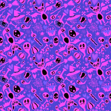 Cadılar Bayramı çizgi filmlerinde yarasalar, kediler, hayaletler, kafatası desenleri kağıt, kumaş, çarşaf, şenlik ambalajları, çocuk aksesuarları ve tekstil ürünleri. Yüksek kaliteli illüstrasyon