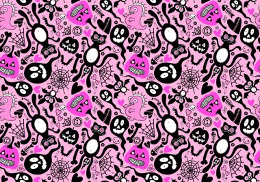 Cadılar Bayramı kedileri, balkabakları, hayaletler, ağ, kemikler ve yarasalar şenlikli ambalaj kağıtları, kumaşlar, çocuk baskıları ve sonbahar aksesuarları. Yüksek kaliteli illüstrasyon