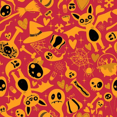 Cadılar Bayramı çizgi filmlerinde yarasalar, kediler, hayaletler, kafatası desenleri kağıt, kumaş, çarşaf, şenlik ambalajları, çocuk aksesuarları ve tekstil ürünleri. Yüksek kaliteli illüstrasyon