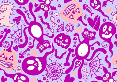 Cadılar Bayramı kedileri, balkabakları, hayaletler, ağ, kemikler ve yarasalar şenlikli ambalaj kağıtları, kumaşlar, çocuk baskıları ve sonbahar aksesuarları. Yüksek kaliteli illüstrasyon