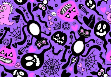 Cadılar Bayramı kedileri, balkabakları, hayaletler, ağ, kemikler ve yarasalar şenlikli ambalaj kağıtları, kumaşlar, çocuk baskıları ve sonbahar aksesuarları. Yüksek kaliteli illüstrasyon