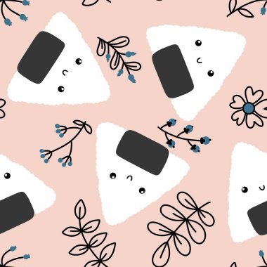 Çizgi film yiyecekleri, ambalajsız kawaii onigiri desenli kumaşlar, kumaşlar, ketenler, çocuk giysileri baskısı, festival ambalajları ve restoran aksesuarları. Yüksek kaliteli illüstrasyon