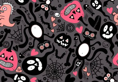 Cadılar Bayramı kedileri, balkabakları, hayaletler, ağ, kemikler ve yarasalar şenlikli ambalaj kağıtları, kumaşlar, çocuk baskıları ve sonbahar aksesuarları. Yüksek kaliteli illüstrasyon