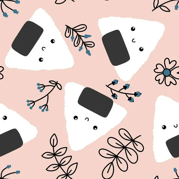 Çizgi film yiyecekleri, ambalajsız kawaii onigiri desenli kumaşlar, kumaşlar, ketenler, çocuk giysileri baskısı, festival ambalajları ve restoran aksesuarları. Yüksek kaliteli illüstrasyon