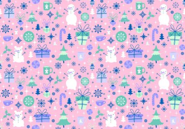 Noel ağacı ve kardan adam dikişsiz kar taneleri ve bir fincan çay ve hediye paketi ve kumaşlar için şeker deseni ve yeni yıl ambalajı ve kış aksesuarları. Yüksek kaliteli illüstrasyon