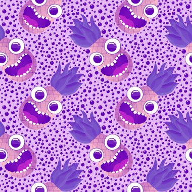 Karikatür retro meyve dikişsiz ananas deseni ambalaj kağıdı, kumaş, çarşaf ve çocuk giysileri baskısı ve yaz aksesuarları ve şenlikli tekstil ürünleri. Yüksek kaliteli illüstrasyon
