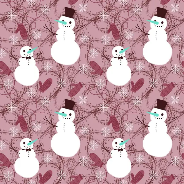 Christmas cartoon snowman seamless winter ice and gloves pattern for wrapping paper and fabrics and kids clothes print and festive packaging and accessories. High quality illustration