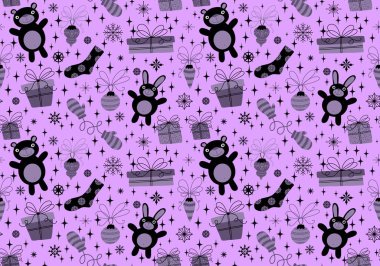 Noel karalama hayvanları kusursuz hediye kutuları, eldivenler, ayılar ve çorap desenleri ambalaj kağıtları, kumaşlar, yeni yıl aksesuarları, baskı ve kış ambalajları. Yüksek kaliteli illüstrasyon