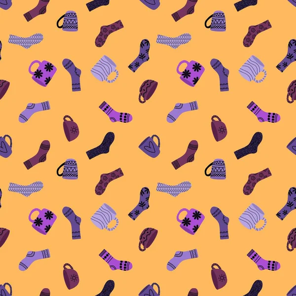 Kışın sıcak çoraplar ve bir fincan çay kağıdını, kumaşları, çarşafları, çocukların giysilerini ve yeni yıl ambalajlarını ve şenlikli aksesuarları sarmak için kusursuz bir Noel şablonu. Yüksek kaliteli illüstrasyon