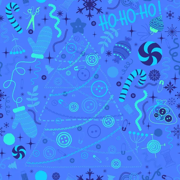 Christmas tree cartoon seamless buttons and gloves and candy and snowflakes pattern for sewer wrapping paper and fabrics and linens and clothes print and new year packaging. High quality illustration