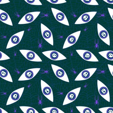 Çizgi filmlerdeki sihirli şeytani gözler. Örtü, kumaş, çarşaf, moda tekstil ürünleri, şenlik ambalajları ve sonbahar aksesuarları için kusursuz Cadılar Bayramı desenleri. Yüksek kaliteli illüstrasyon