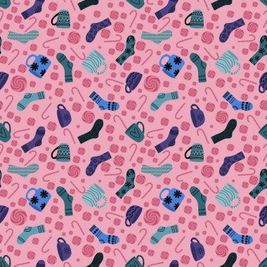 Kışın sıcak çoraplar ve bir fincan çay kağıdını, kumaşları, çarşafları, çocukların giysilerini ve yeni yıl ambalajlarını ve şenlikli aksesuarları sarmak için kusursuz bir Noel şablonu. Yüksek kaliteli illüstrasyon