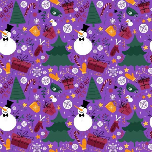 Christmas tree cartoon seamless snowman and snowflakes pattern for wrapping paper and fabrics and linens and new year packaging and festive accessories. High quality illustration