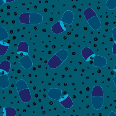 Cadılar Bayramı ilaçları, kusursuz haplar, hayalet ve kafatası desenleri. Kağıt, kumaş, çarşaf, sonbahar ambalajları ve doktorlar için tekstil. Yüksek kaliteli illüstrasyon